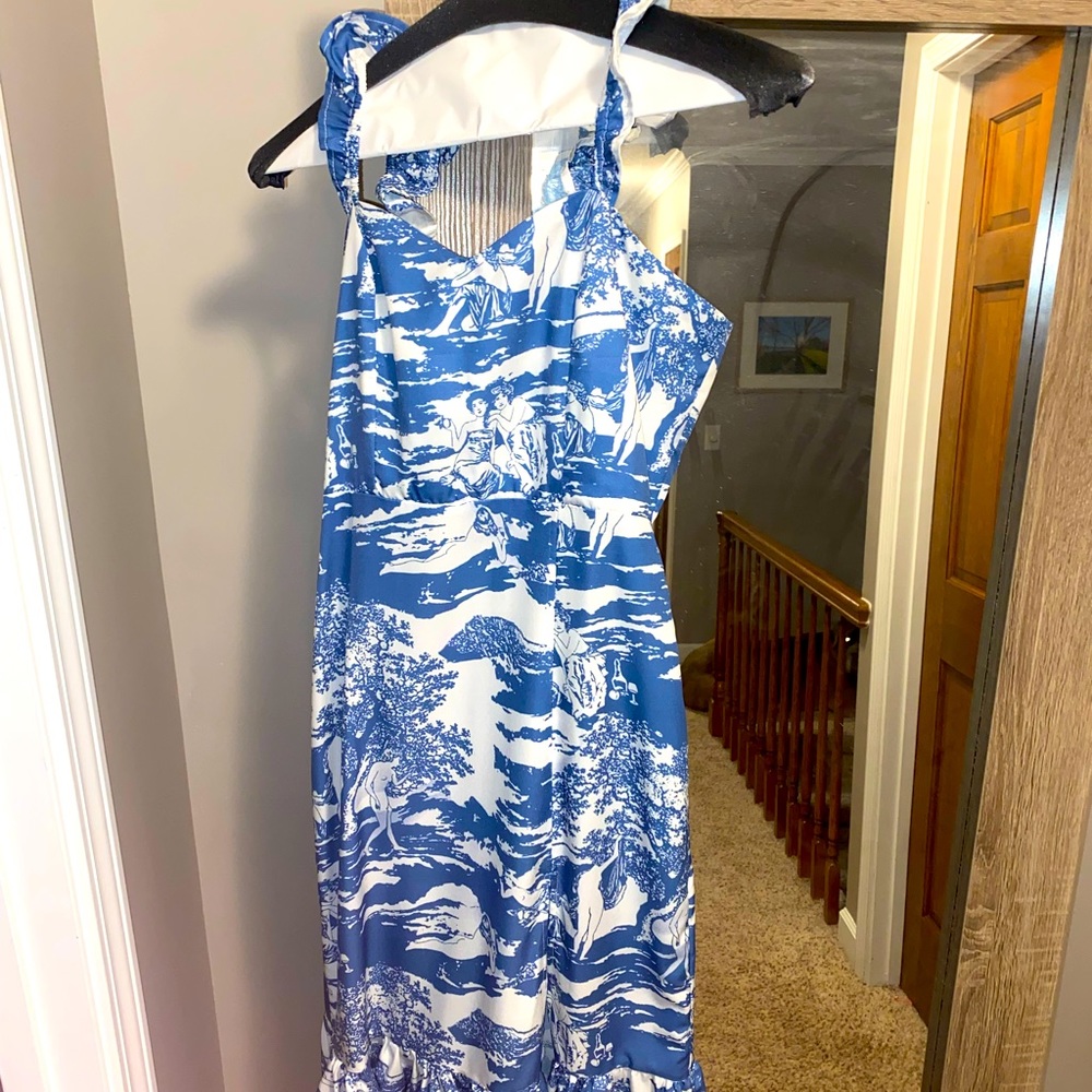 Blue & white printed midi slit dress.